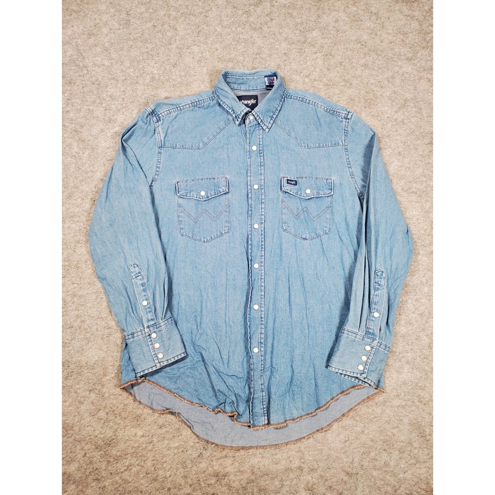 Wrangler Men's Western Shirt L Blue Denim Pearl Snap Long Sleeve Cowboy